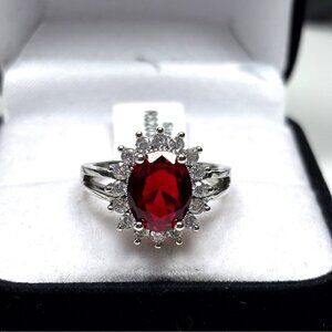 Elegant Silver Ring With Red Oval Center Stone & Clear Accents Size 7 Perfect Fo